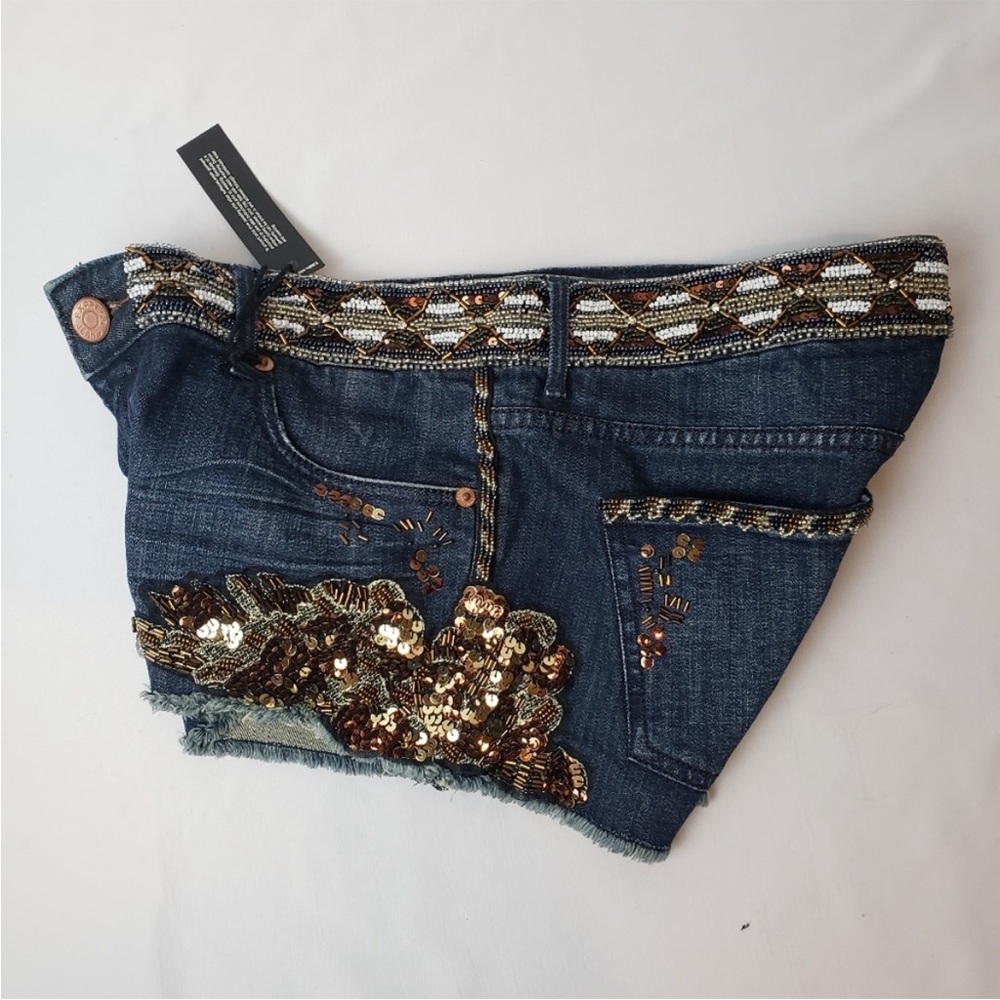 NWT Express gorgeous bronze gold and white sequined and beaded blue jeans - Picture 7 of 16